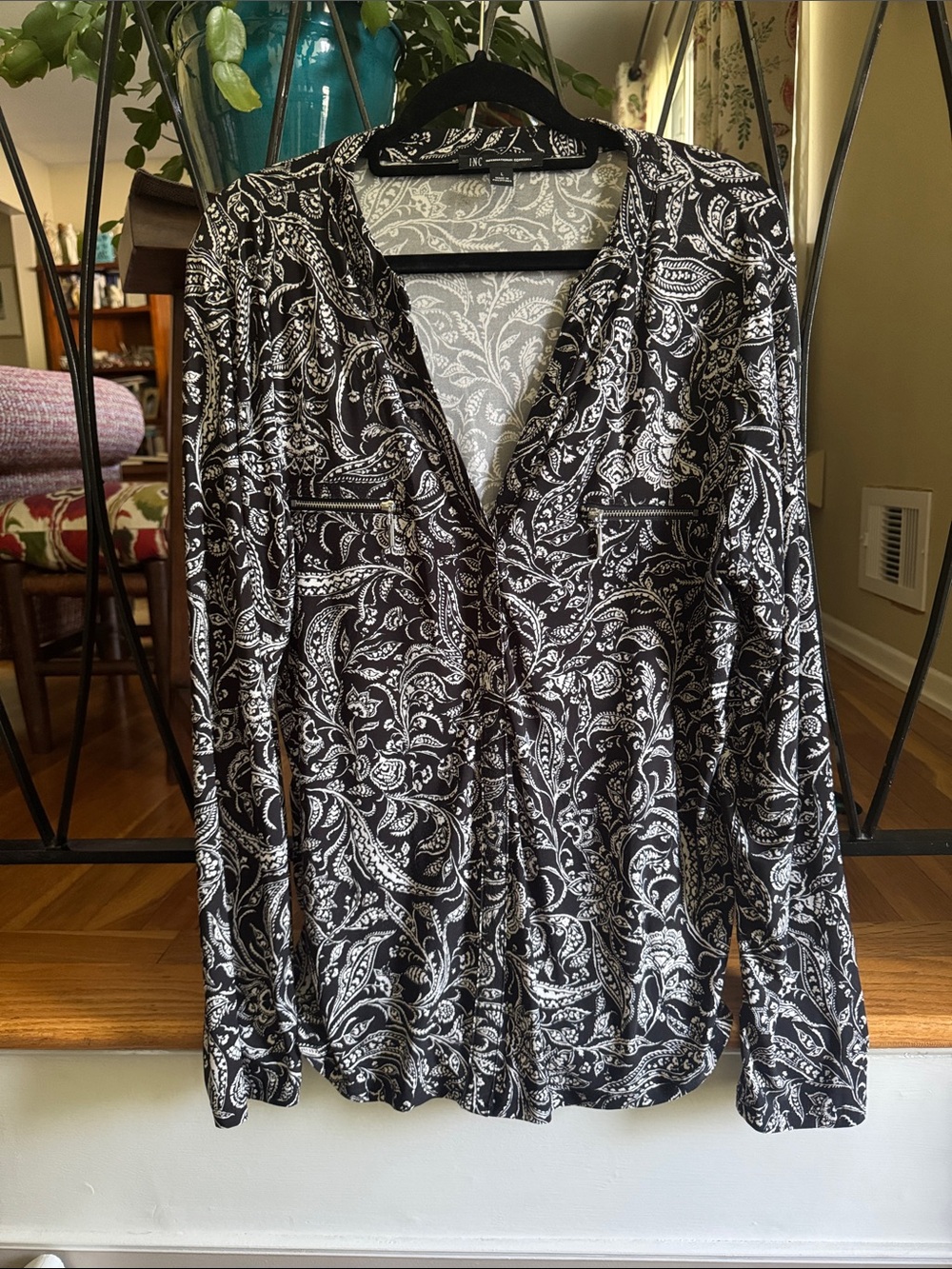 INC Large Paisley Button-Front Blouse in Black & White
